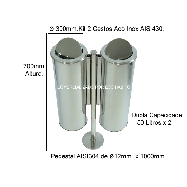 Kit 2 lixeiras 50L Inox no Pedestal 1 Kit 2 lixeiras 50L Inox no Pedestal